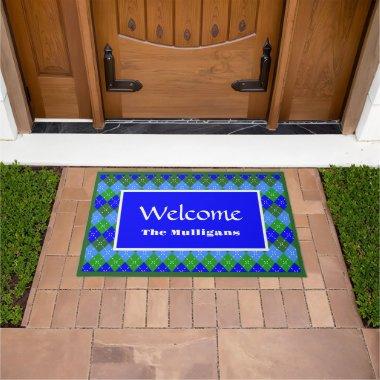 Blue and Green Argyle White Stitching Personalized Doormat