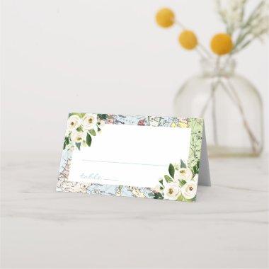 Blue and Green Map with Florals Travel Theme Place Invitations