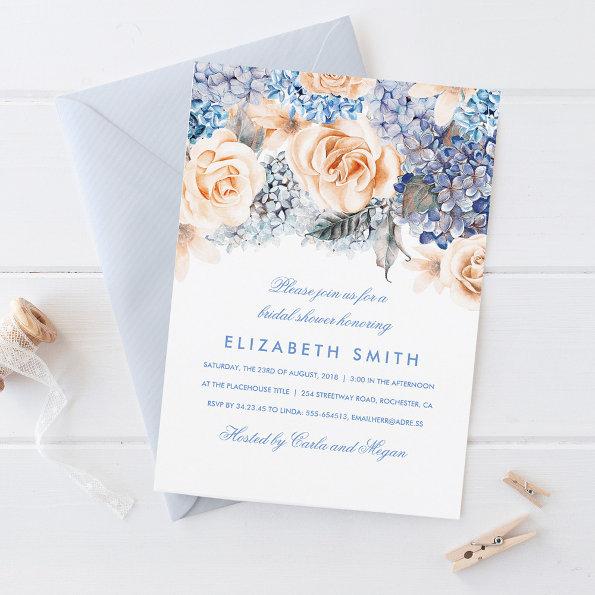 Blue and Peach Watercolor Florals Bridal Shower Invitations