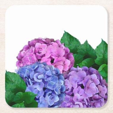Blue and Pink Hydrangea Flowers Square Paper Coaster