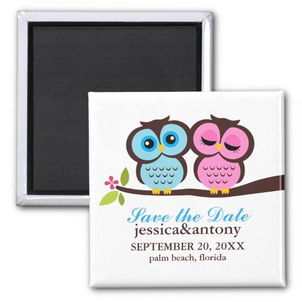 Blue and Pink Owls Wedding Magnet