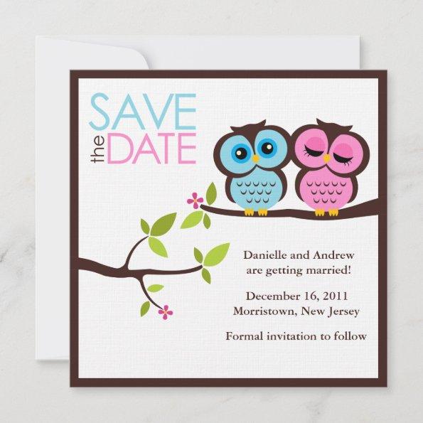 Blue and Pink Owls Wedding Save The Date