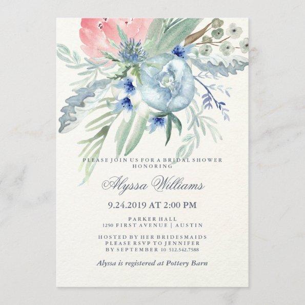 Blue and Pink Peony Watercolor Bridal Shower Invitations