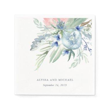 Blue and Pink Peony Watercolor Wedding Paper Napkins
