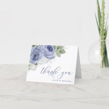 Blue and Silver Watercolor Floral Personalized Thank You Invitations