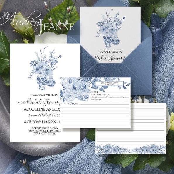 Blue and White Chinoiserie Floral Bridal Recipe Invitations