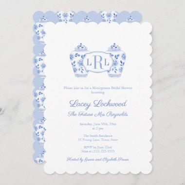 Blue And White Chinoiserie Monogram Bridal Shower Invitations