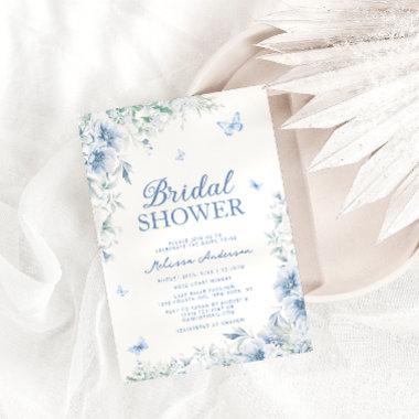 Blue and White Floral Elegant Bridal Shower Invitations