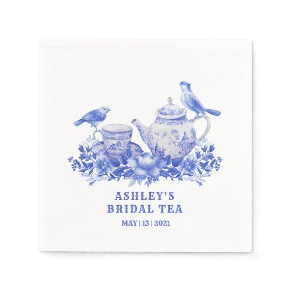 Blue and White Floral Tea Pot with Birds Napkins