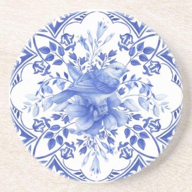 Blue and White Floral Tile with Bird Coaster