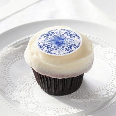 Blue and White Floral Tile with Bird Edible Frosting Rounds