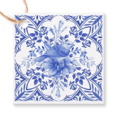 Blue and White Floral Tile with Bird Favor Tags