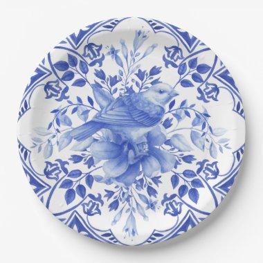 Blue and White Floral Tile with Bird Paper Plates