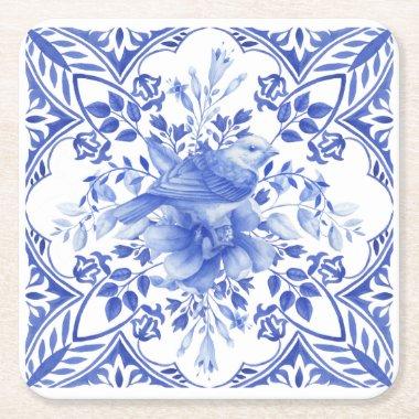 Blue and White Floral Tile with Bird Square Paper Coaster