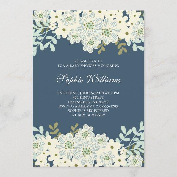 Blue and White Flower Baby Shower Invitations