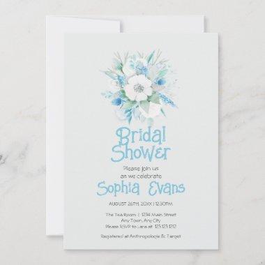 Blue and White Flowers Gray Bridal Shower Invitations
