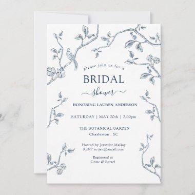 Blue and White French toile Bridal shower Invitations