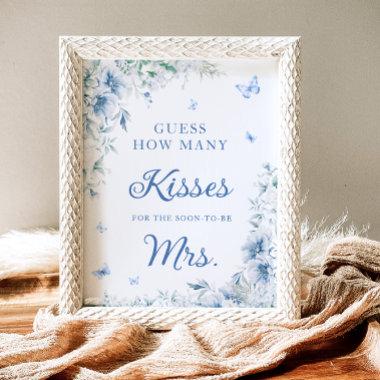 Blue and White How Many Kisses Bridal Shower Game Poster