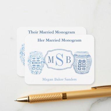 Blue And White Married Monograms Bridal Shower Enclosure Invitations