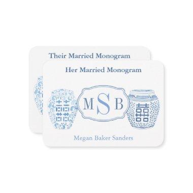 Blue And White Married Monograms Bridal Shower Enclosure Invitations