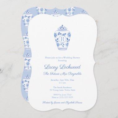 Blue And White Monogram Future Mrs Bridal Shower Invitations