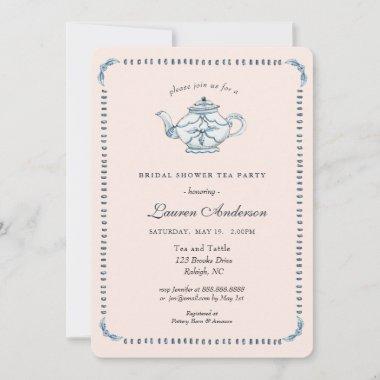 Blue and white on Blush Teapot Bridal shower Invitations