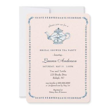 Blue and white on Blush Teapot Bridal shower Invitations