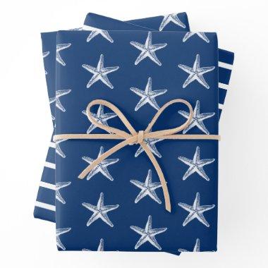 Blue and White Starfish Nautical Stripe Wrapping Paper Sheets