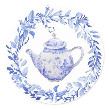 Blue and White Tea Pot with Wreath Classic Round Sticker
