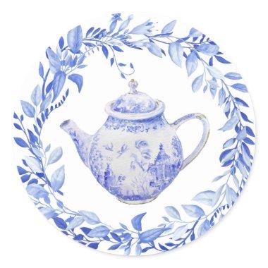 Blue and White Tea Pot with Wreath Classic Round Sticker