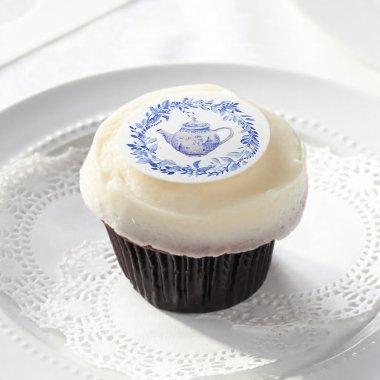Blue and White Tea Pot with Wreath Edible Frosting Rounds