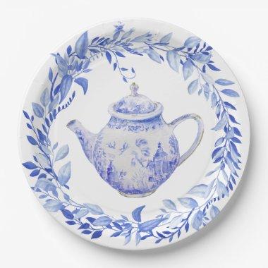 Blue and White Tea Pot with Wreath Paper Plates
