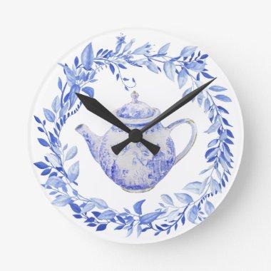 Blue and White Tea Pot with Wreath Round Clock