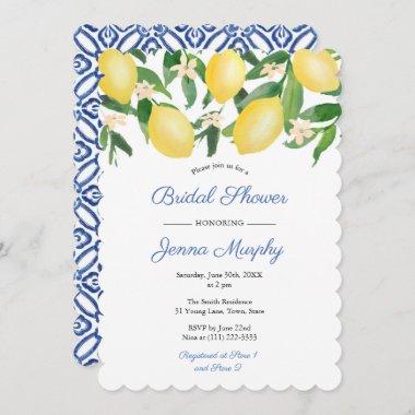 Blue And White Tiles Capri Lemons Bridal Shower Invitations