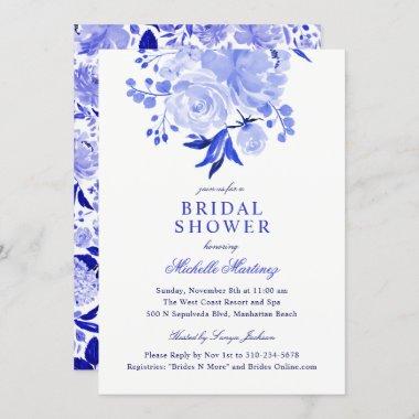 Blue and White Watercolor Floral Bridal Shower Invitations