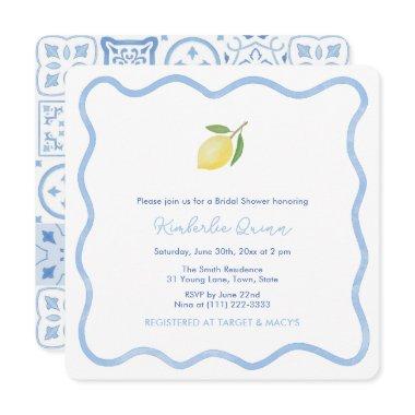 Blue And White Wavy Border Lemon Bridal Shower Invitations