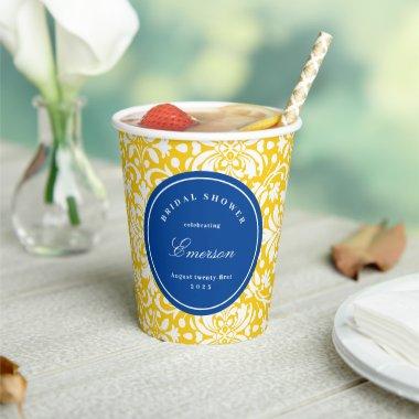 Blue and Yellow Chic Feminine Damask Pattern Paper Cups
