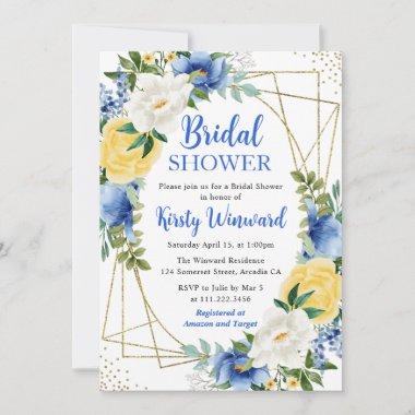 Blue and Yellow Flowers & Gold Frame Bridal Shower Invitations