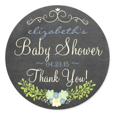 Blue and Yellow Laurel Chalkboard Look Baby Shower Classic Round Sticker
