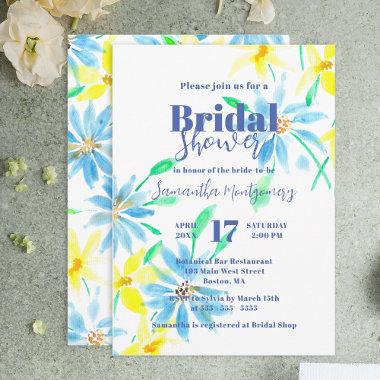 Blue and Yellow Watercolor Flowers Bridal Shower Invitations