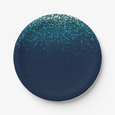 Blue Aqua Navy Glitter Sparkle Birthday Party Paper Plates