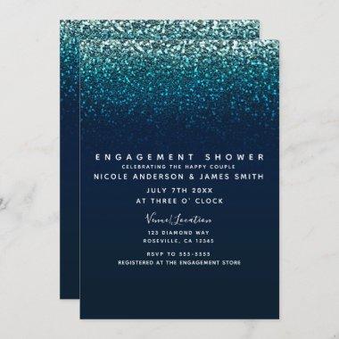 Blue Aqua Navy Glitter Sparkle Modern Engagement Invitations