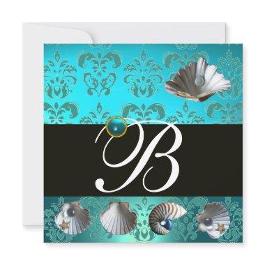 BLUE AQUAMARINE DAMASK BEACH WEDDING MONOGRAM Invitations