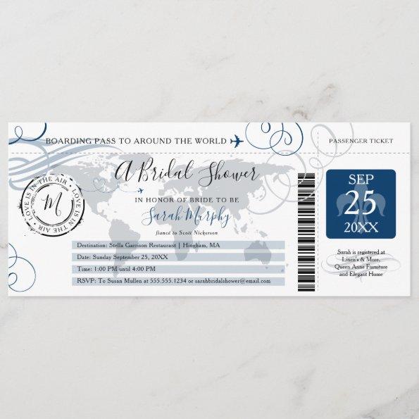 Blue Around the World Bridal Shower Boarding Pass Invitations