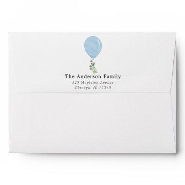 Blue balloon eucalyptus white envelopes