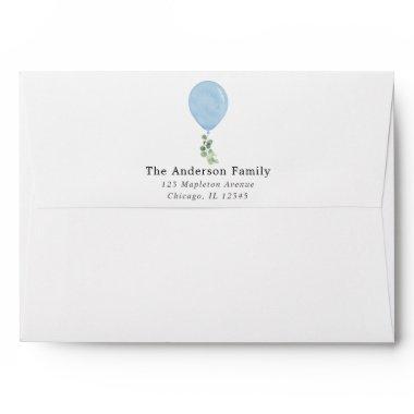 Blue balloon eucalyptus white envelopes Invitations