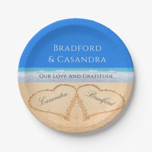 Blue Beach Wedding 2 Hearts in the Sand  Paper Plates