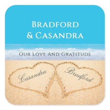 Blue Beach Wedding 2 Hearts in the Sand Stickers