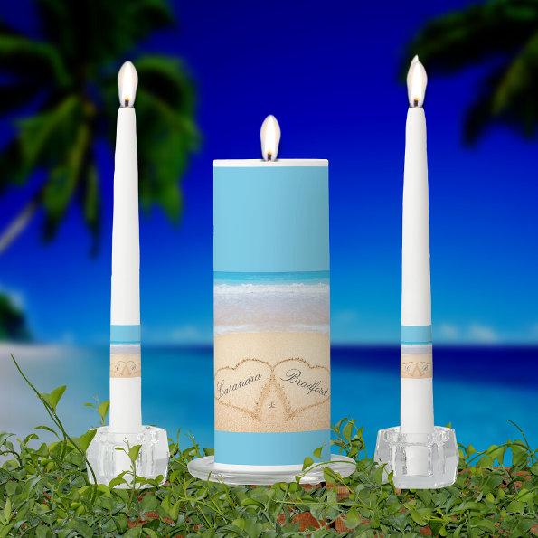 Blue Beach Wedding 2 Hearts in the Sand  Unity Candle Set