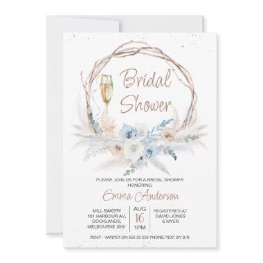 Blue Beige Boho Floral Pampas Grass Bridal Shower Invitations